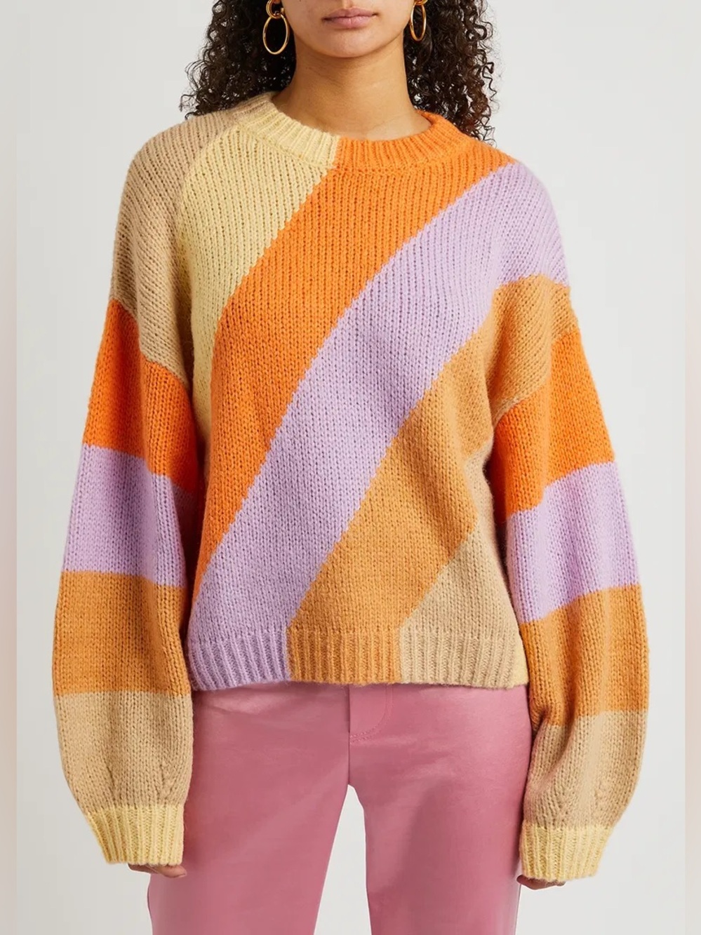 STINE GOYA Alpaca  Colorblock Crew Sweater in Orange, Lavender, Cream, Tan XS